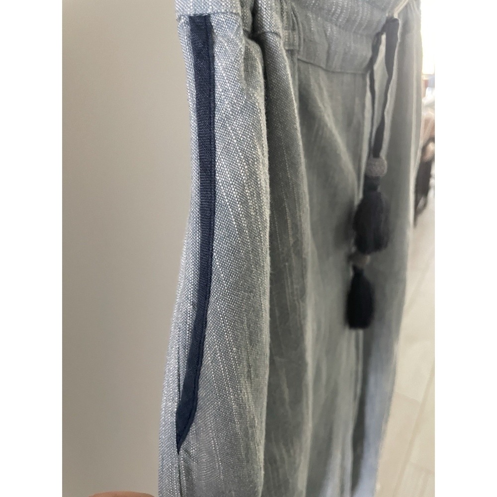 Womens Blue Striped Cropped Pants Elastic Waist Drawstring Tassel Frayed Hem - Picture 3 of 10